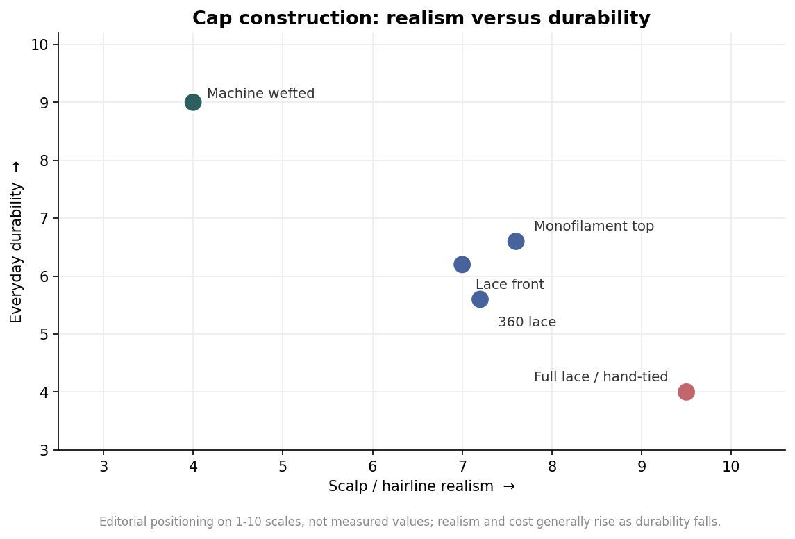 Scatter chart positioning wig cap constructions by scalp realism versus everyday durability